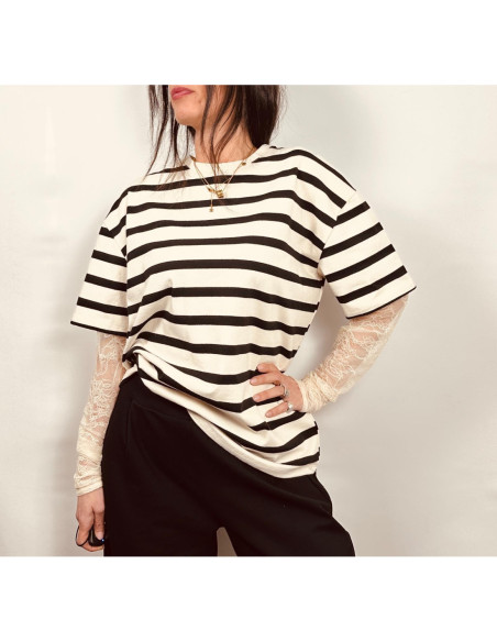 Vicolo T-shirt A Righe Con Pizzo Nelle Maniche