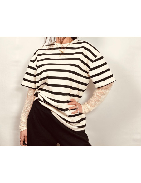 Vicolo T-shirt A Righe Con Pizzo Nelle Maniche