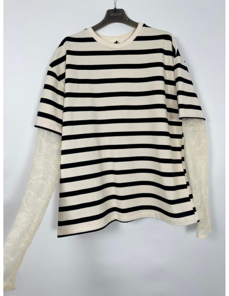 Vicolo T-shirt A Righe Con Pizzo Nelle Maniche