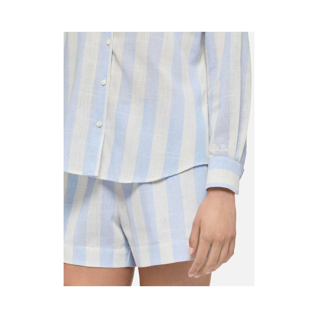 Saint Barth Camicia Classica In Lino Meredith Con Stampa A Righe Azzurre